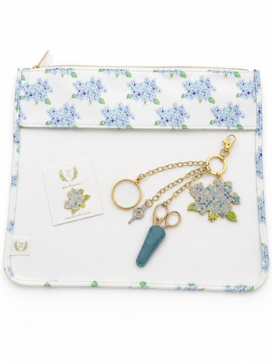 The Turf Set: hydrangea project bag, hydrangea bloom tool chain, and bloom needleminder