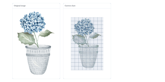 Chart Studio: a watercolor hydrangea in a pot beside the needlepoint chart it generated