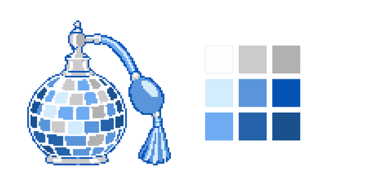 The Disco Perfume needlepoint chart, a disco-ball perfume bottle with a tasseled atomizer in blues and greys, with its nine paint colors, made in Chart Studio