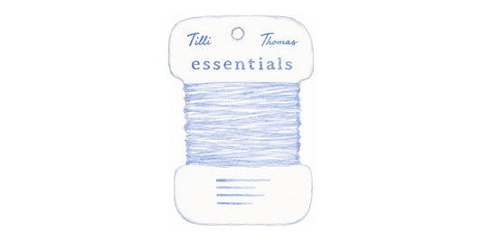 Watercolor illustration of a Tilli Thomas thread card wound with pale blue thread on a white background