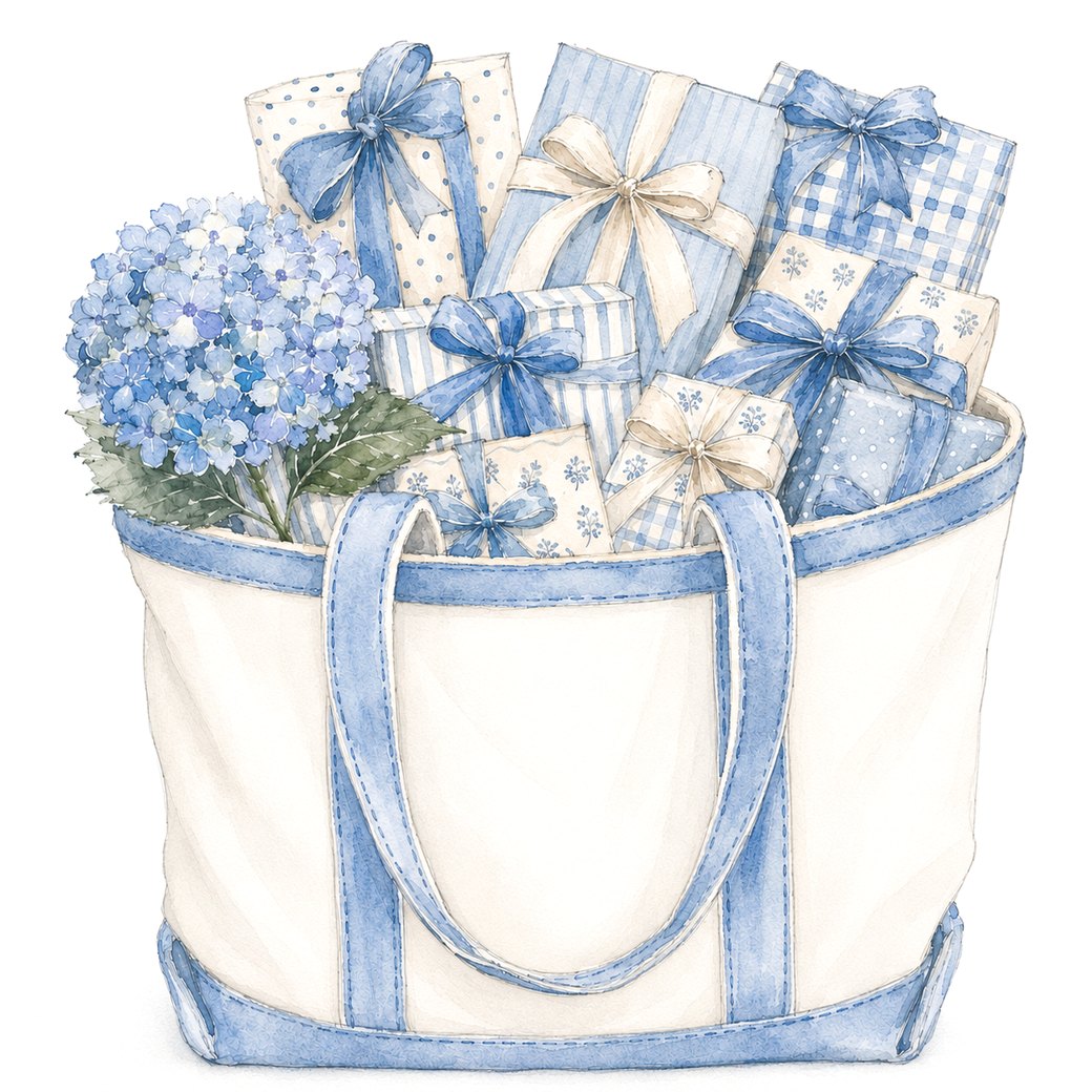 Watercolor illustration of a canvas tote filled with blue and ivory wrapped gifts and a hydrangea