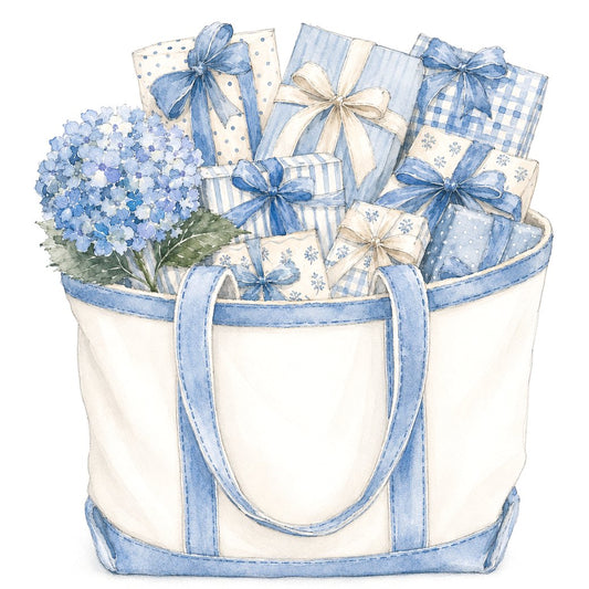 Watercolor illustration of a canvas tote filled with blue and ivory wrapped gifts and a hydrangea