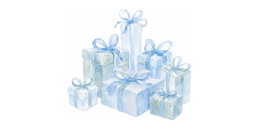 Watercolor illustration of pale blue wrapped gifts with ribbon bows on a white background