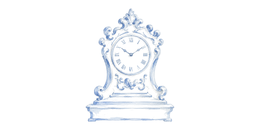 Blue and white watercolor mantel clock with Roman numerals