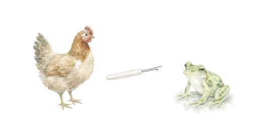 Watercolor chicken, seam ripper and frog on a white background