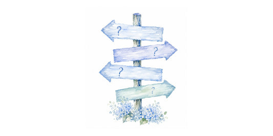 Watercolor signpost with arrows pointing in different directions, each marked with a question mark, above a bed of blue hydrangeas