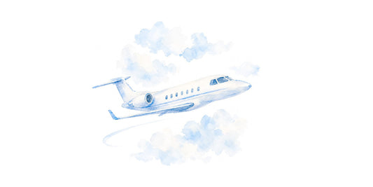 Watercolor airplane in soft blue clouds