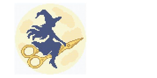 The Witch Ladi needlepoint chart, a witch riding a pair of scissors across a cream moon, navy and gold, made in Chart Studio