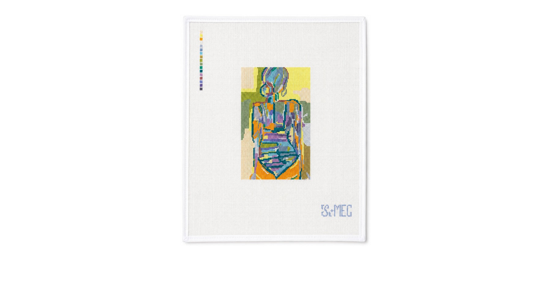 Beach Girl needlepoint canvas with white bias tape on white