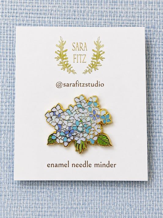 Sara Fitz Hydrangea Bloom enamel needleminder on its card