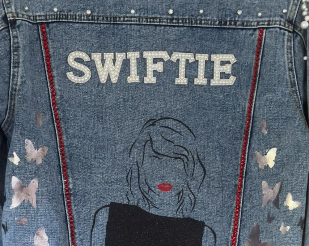 Gemmed Jean Jacket Custom, Taylor Swift Eras Tour Outfit, Pearls Women Jean Jacket Bride Custom, International Eras Tour Jacket