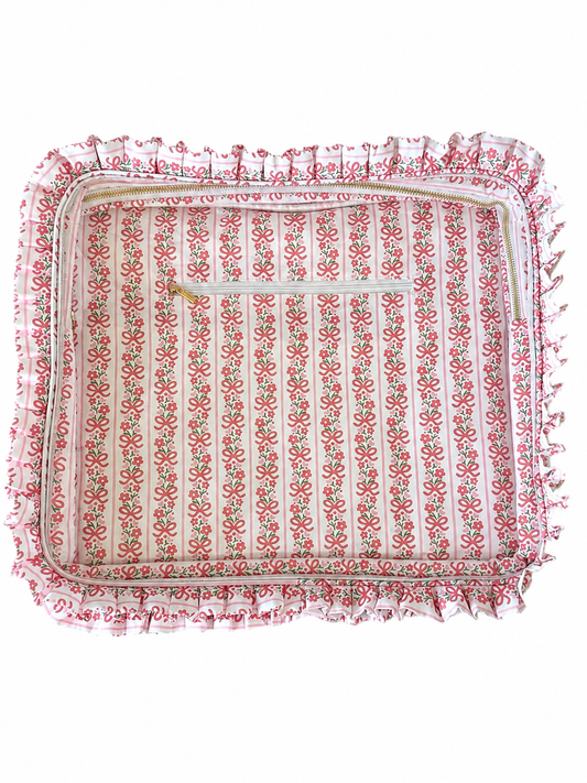 Pink Bow Floral Ruffle Carryall project bag, pink bow and flower stripe print with ruffle trim, interior zippered pocket, and gold zipper