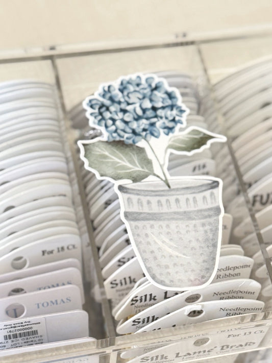 Hydrangea thimble sticker on the lid of a thread box