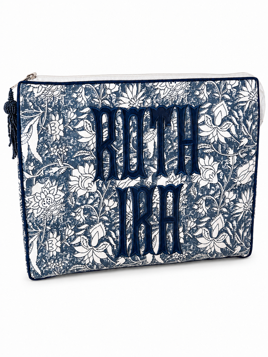 The Roth IRA Bag, indigo floral with navy applique lettering